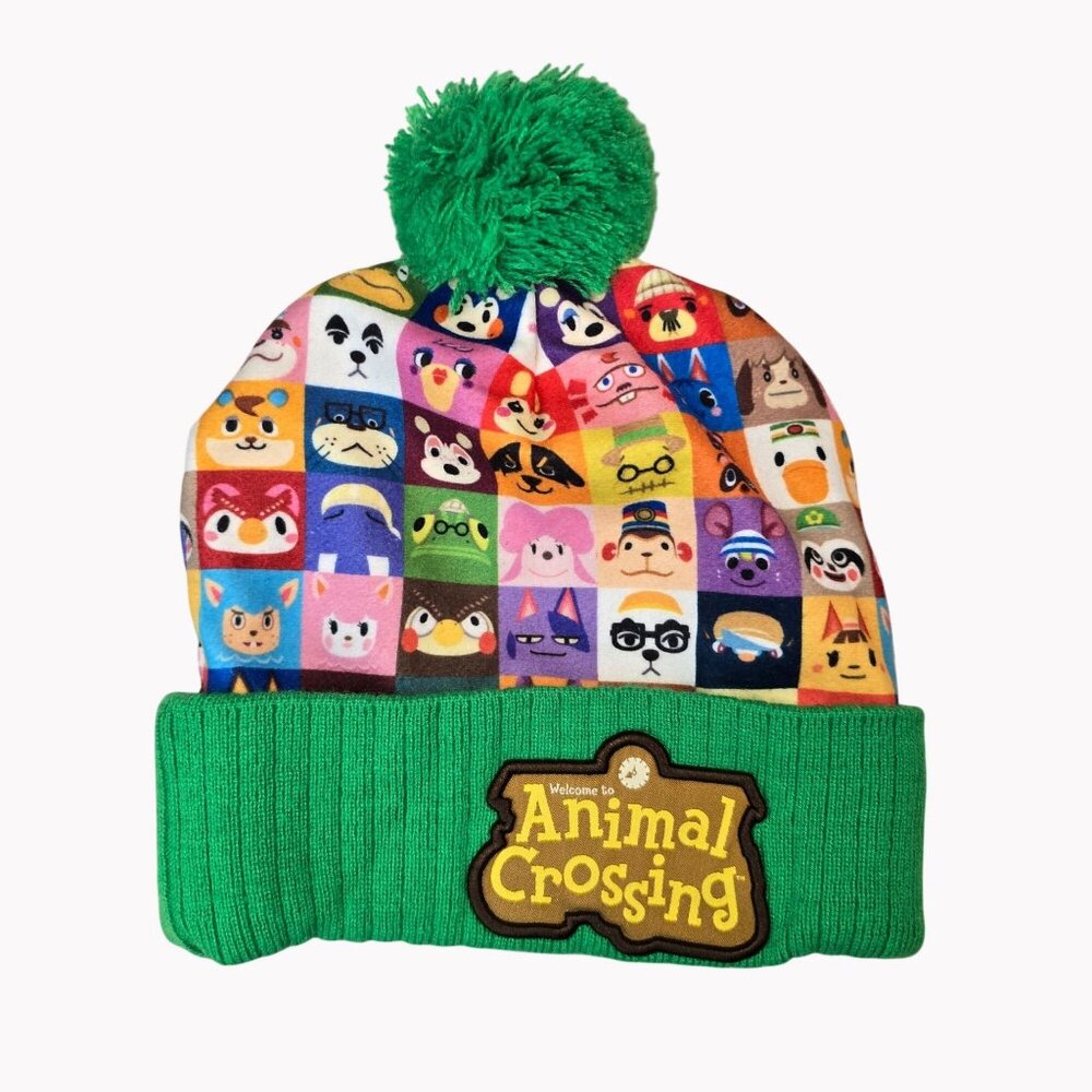Animal Crossing Green Knit Pom Beanie With Character Print One Size Fits Most